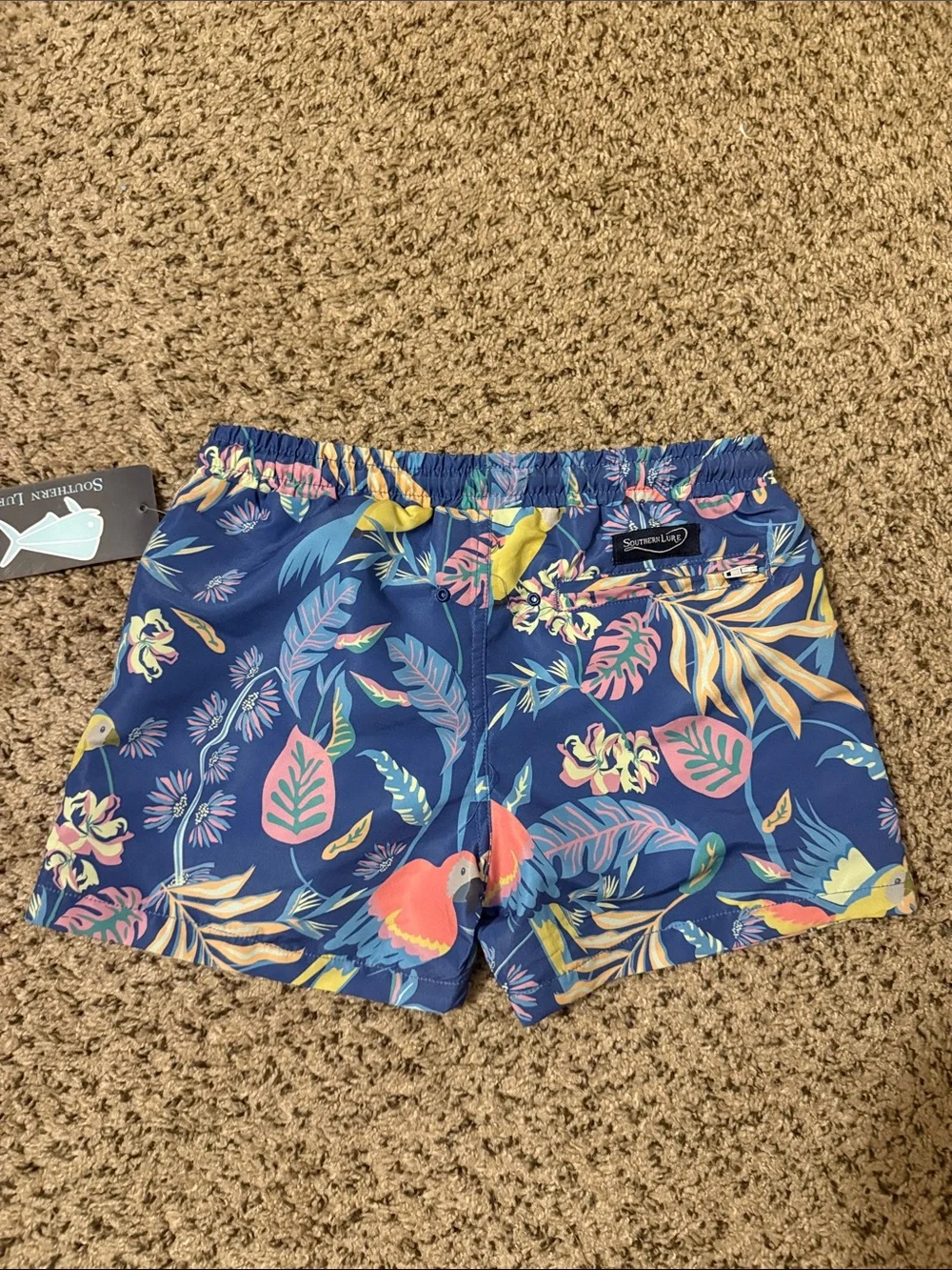 Southern Lure Boys Blue Tropical Parrot Print Drawstring Swim Trunks NWT Size 6